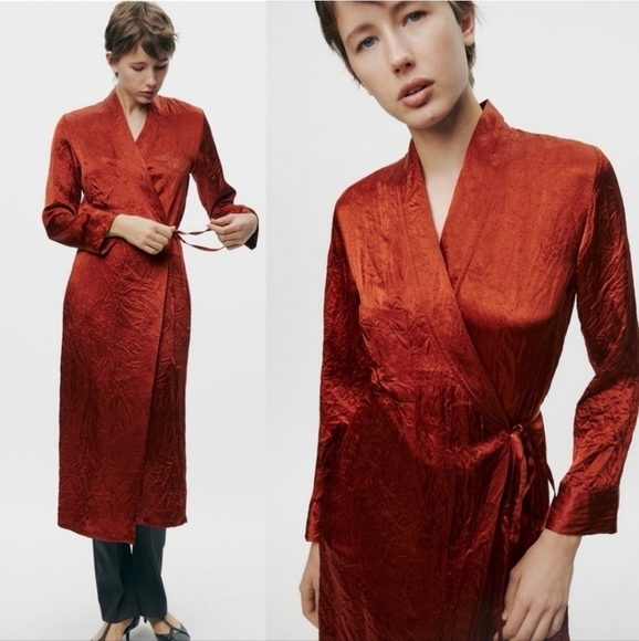 New Zara Woman Collection ZW Satin Effect Wrinkle Wrap Kimono Robe Dress NWT - Picture 7 of 12